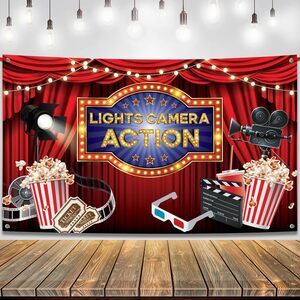 Lights Camera Action Theater Banner 72x44 Inch Movie Night Decoration Banner